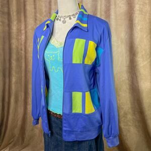Vintage Color Block Jacket 80s Leisure Blue Zip Up Retro Geometric Streetwear